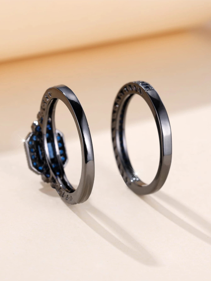 Vintage Black Blue CZ Wedding Engagement Ring Set Bridal Women Fashion Jewelry
