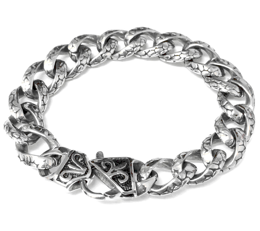 Men’s Stainless Steel 316L Silver Pebble Texture Curb Link Chain Bracelets 8.25″
