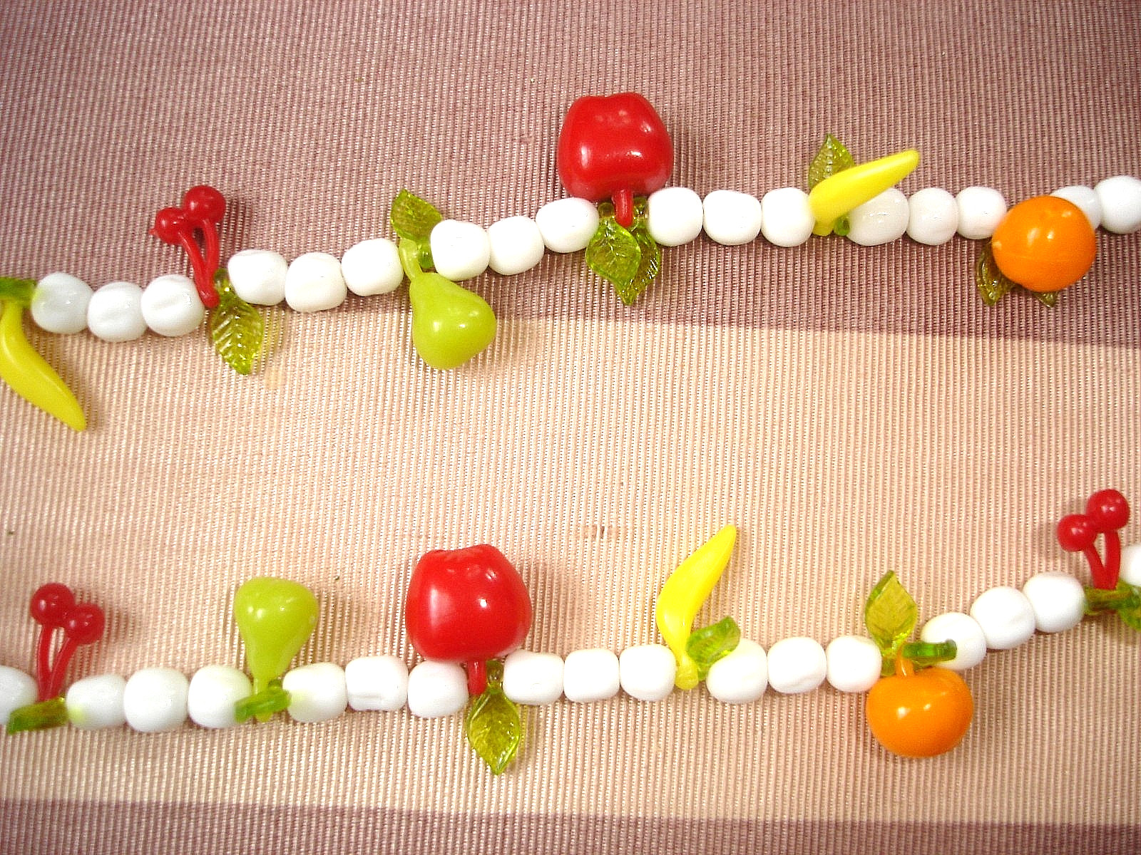 Vintage Plastic FRUIT White Glass Bead Necklace-Apple Banana Orange Pear Cherry