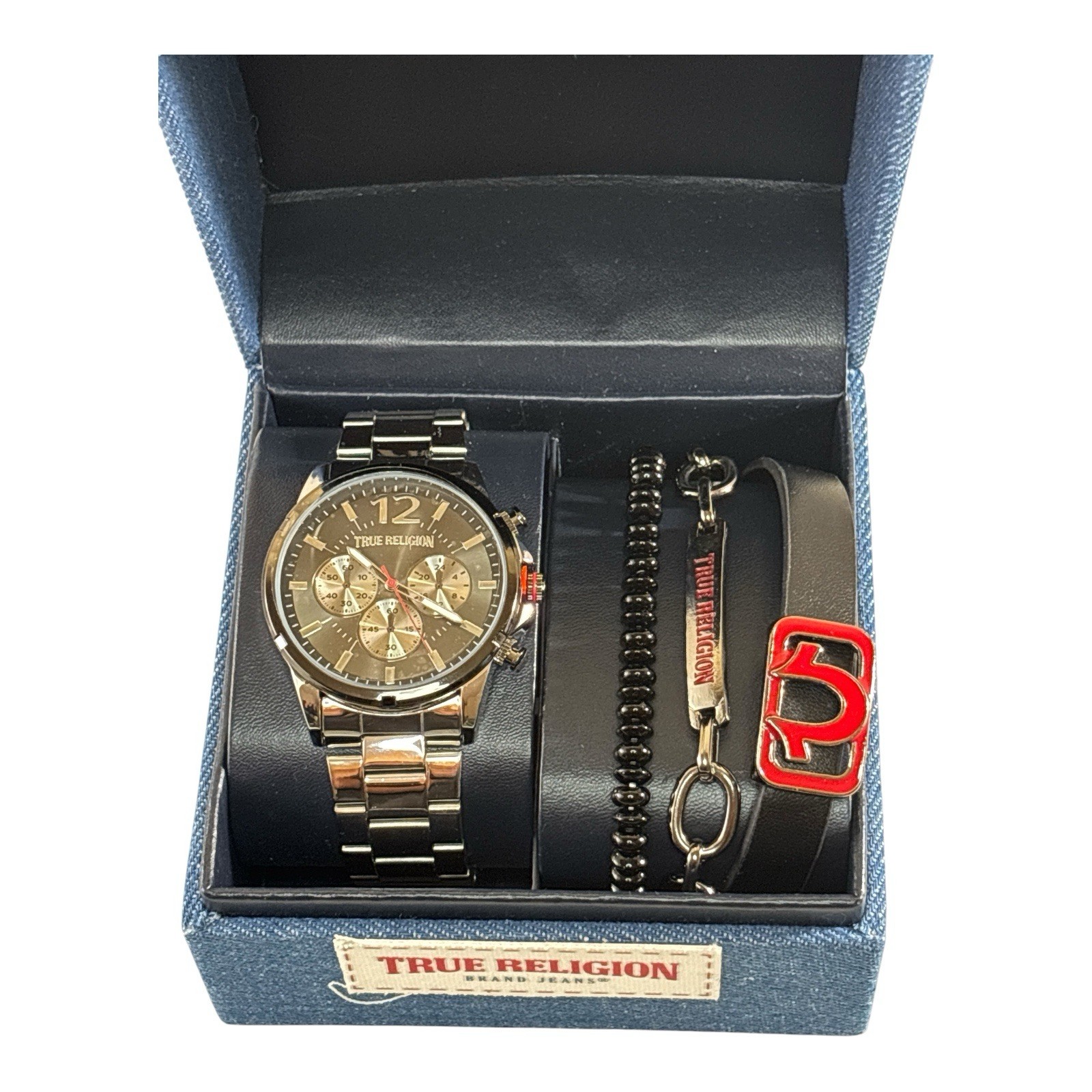 True Religion Men’s Watch & Bracelet Gift Set Stainless Steel Denim Box New