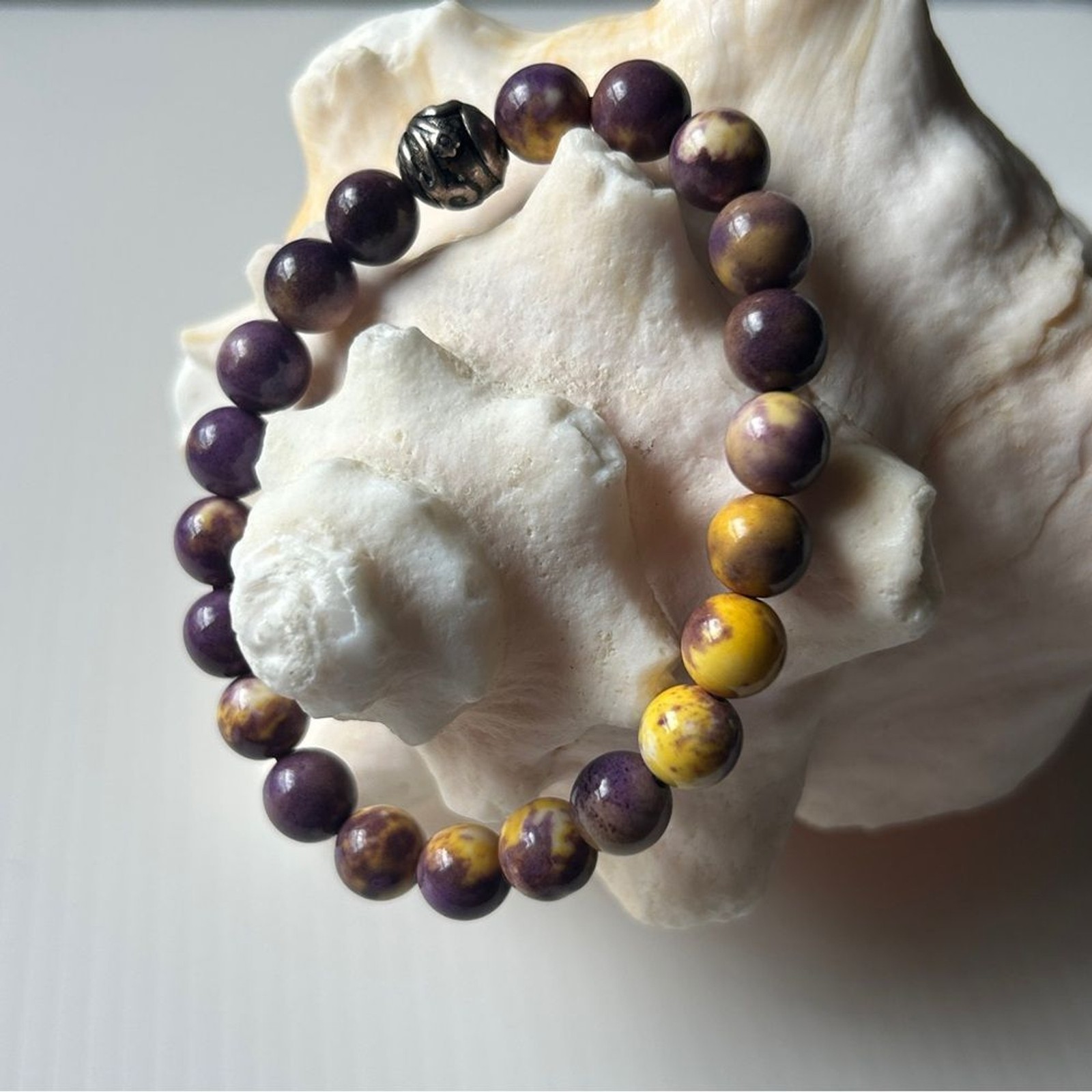 Purple and Yellow mixed color jade Beaded Bracelet 8mm fits 15-17cm wrist