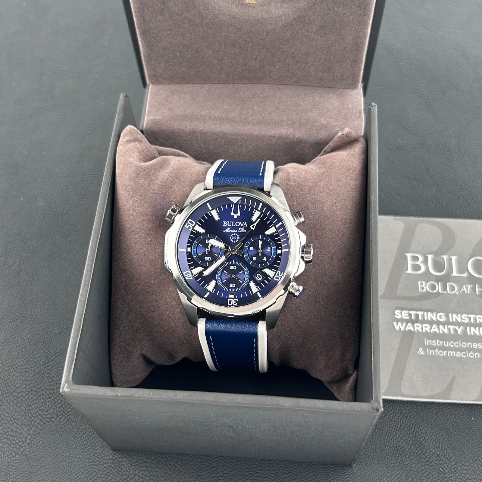 Bulova Marine Star 96B287 Blue Dial-Blue Silicone Strap Men’s Quartz Watch 43mm