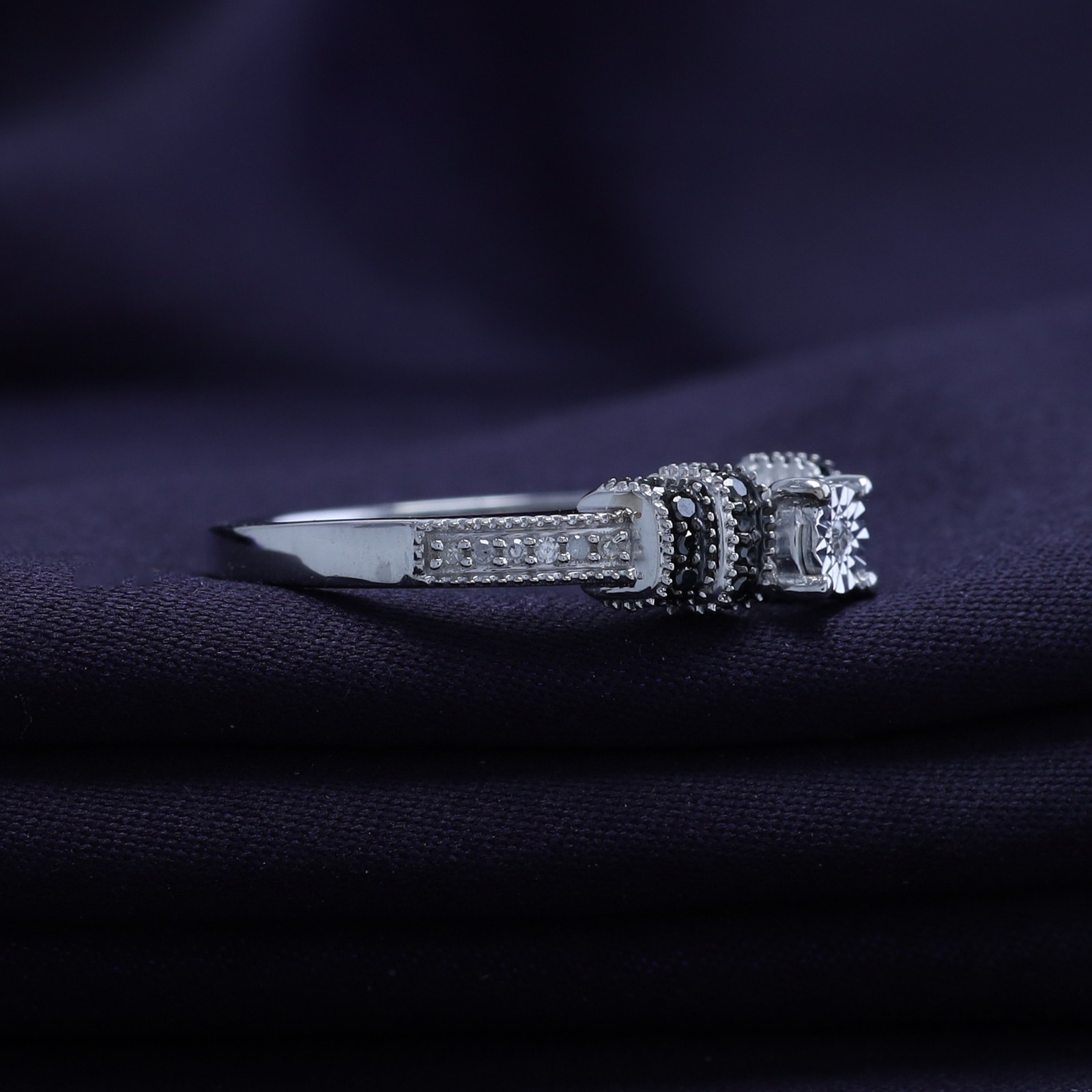 1/8 Ct Black & White Natural Diamond Promise Ring Sterling Silver 925