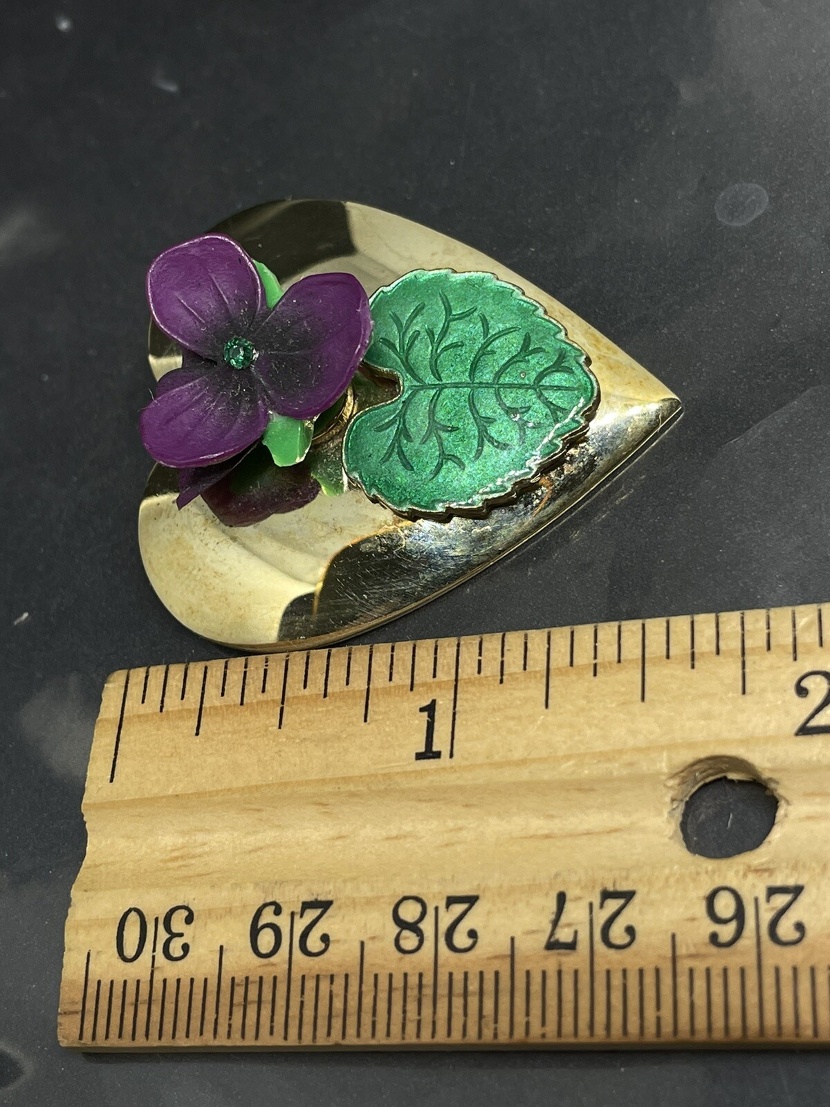 Vintage GoldTone, Enamel, Ceramic, Crystals Violet Heart Pendant/ClipOn Earrings