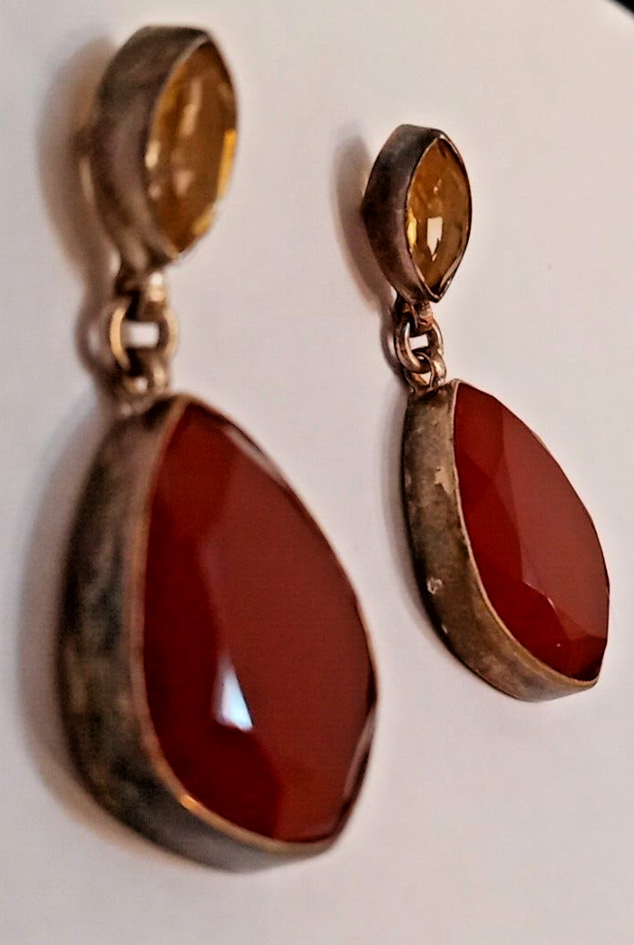 Red Onyx & Citrine Gem Stone Pure Silver-Plated Brass Earrings