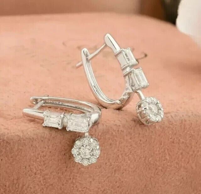 2Ct Round Cut Simulated Diamond Fancy Drop Clip On Earring 14K White Gold Plated