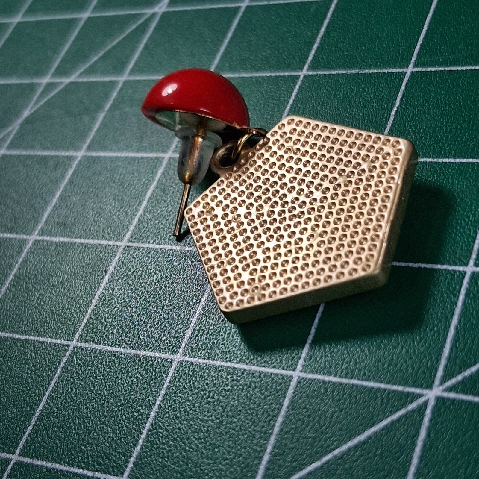 Vintage Brass Red Deep Textured Surface Red Pentagon Dangle Earrings