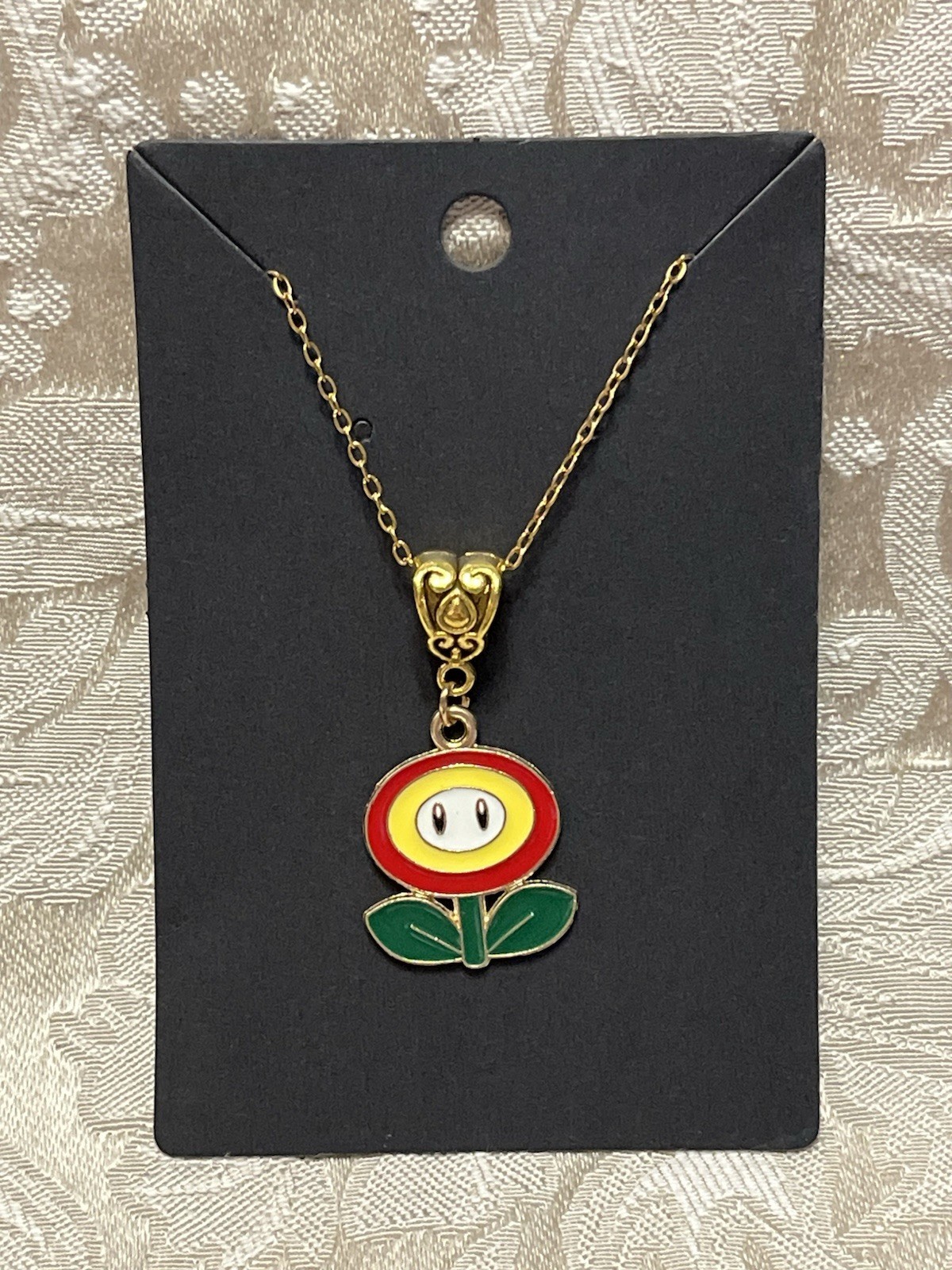 Flower Mario Luigi Cartoon Video Game Enamel Charm Gold Adorable Necklace 18”