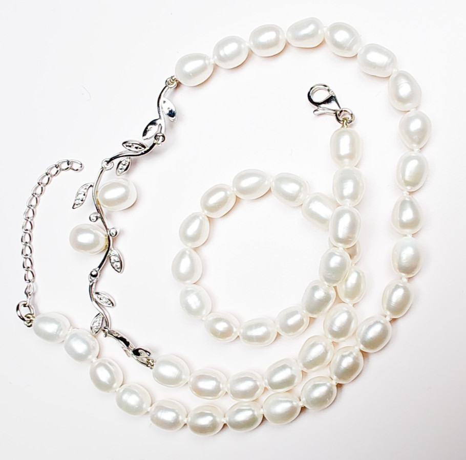 925 Sterling Silver Diamond White Cultured Freshwater Pearl Necklace 18–19.5″
