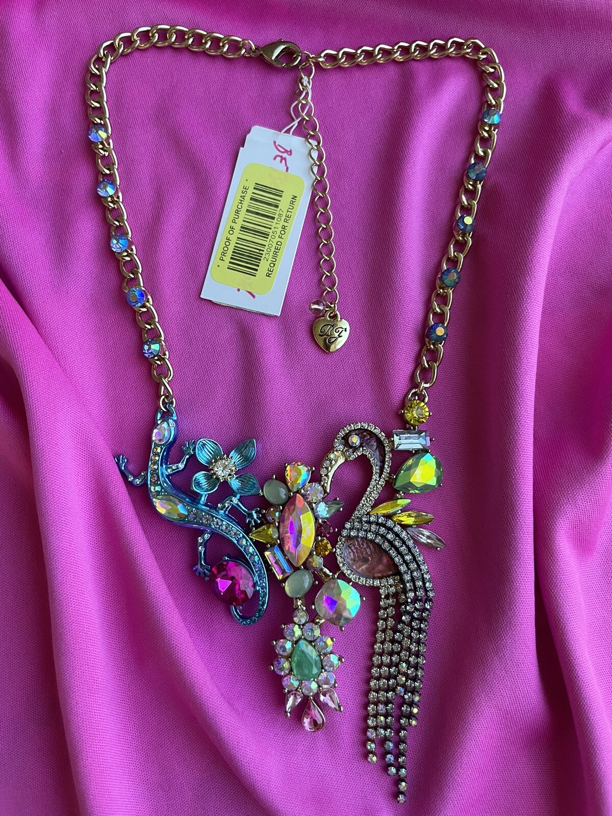 Betsey Johnson Paradise Lost Pink Flamingo Salamander Lizard Gecko Necklace RARE