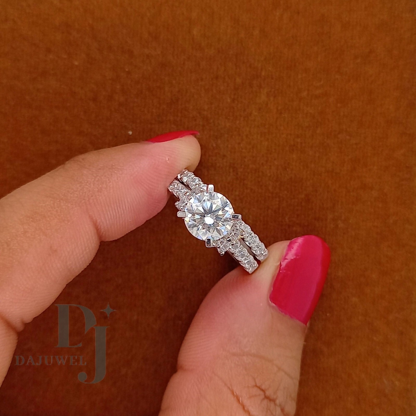 Moissanite Bridal Set Engagement Ring Solid 14K White Gold 2.50 CT Round Cut