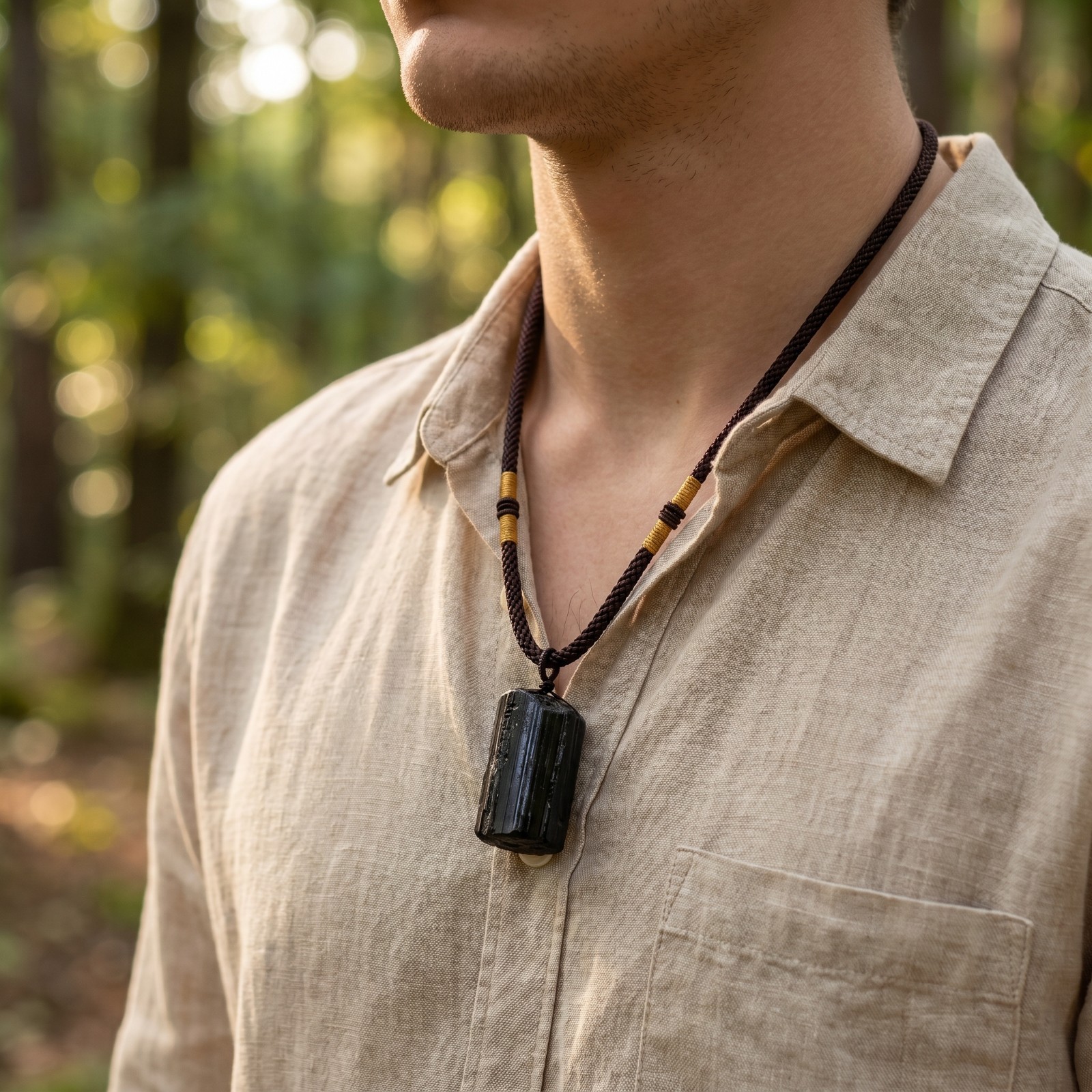 Natural Black Tourmaline Pendant Necklace Adjustable Protection Grounding Unisex