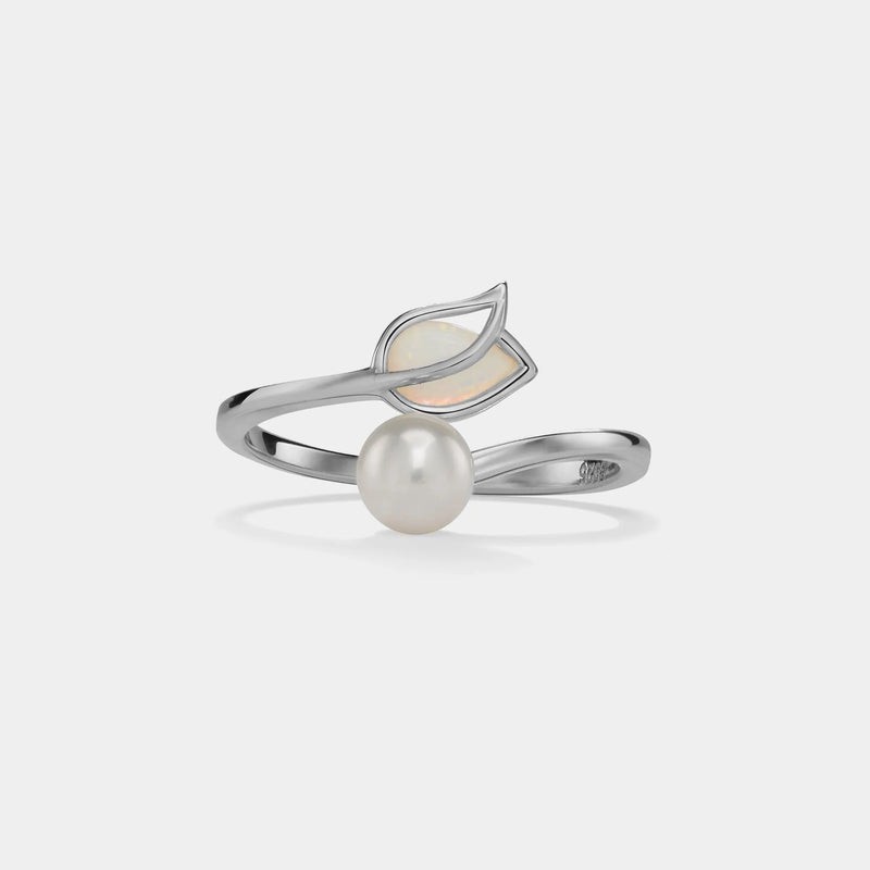 Opal Tulip Flower Pearl Bypass Ring in 925 Sterling Silver