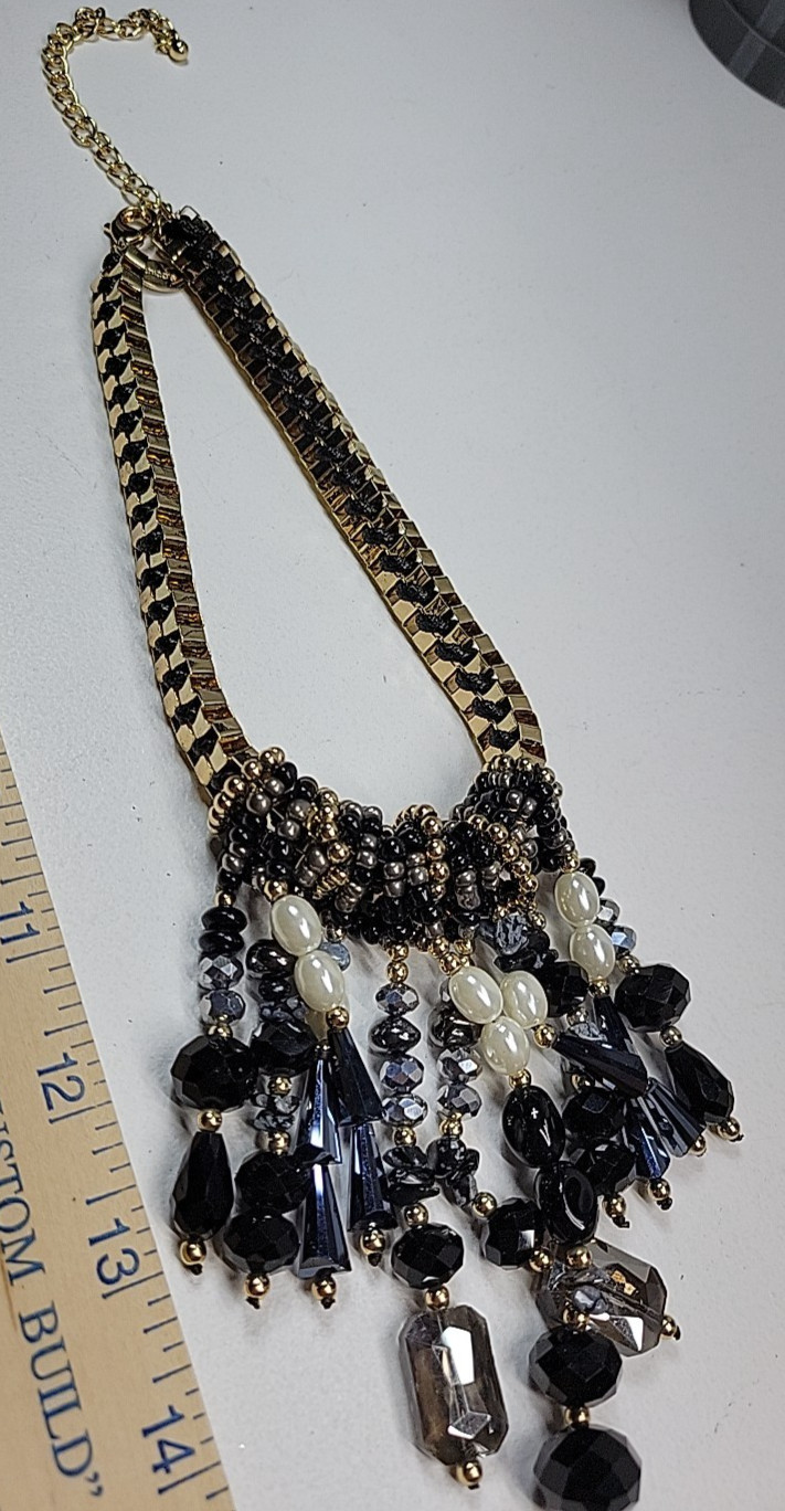 Chico’s Necklace Black Gray White Glass Fringe Bead Chunky Chain Gold Tone 20″