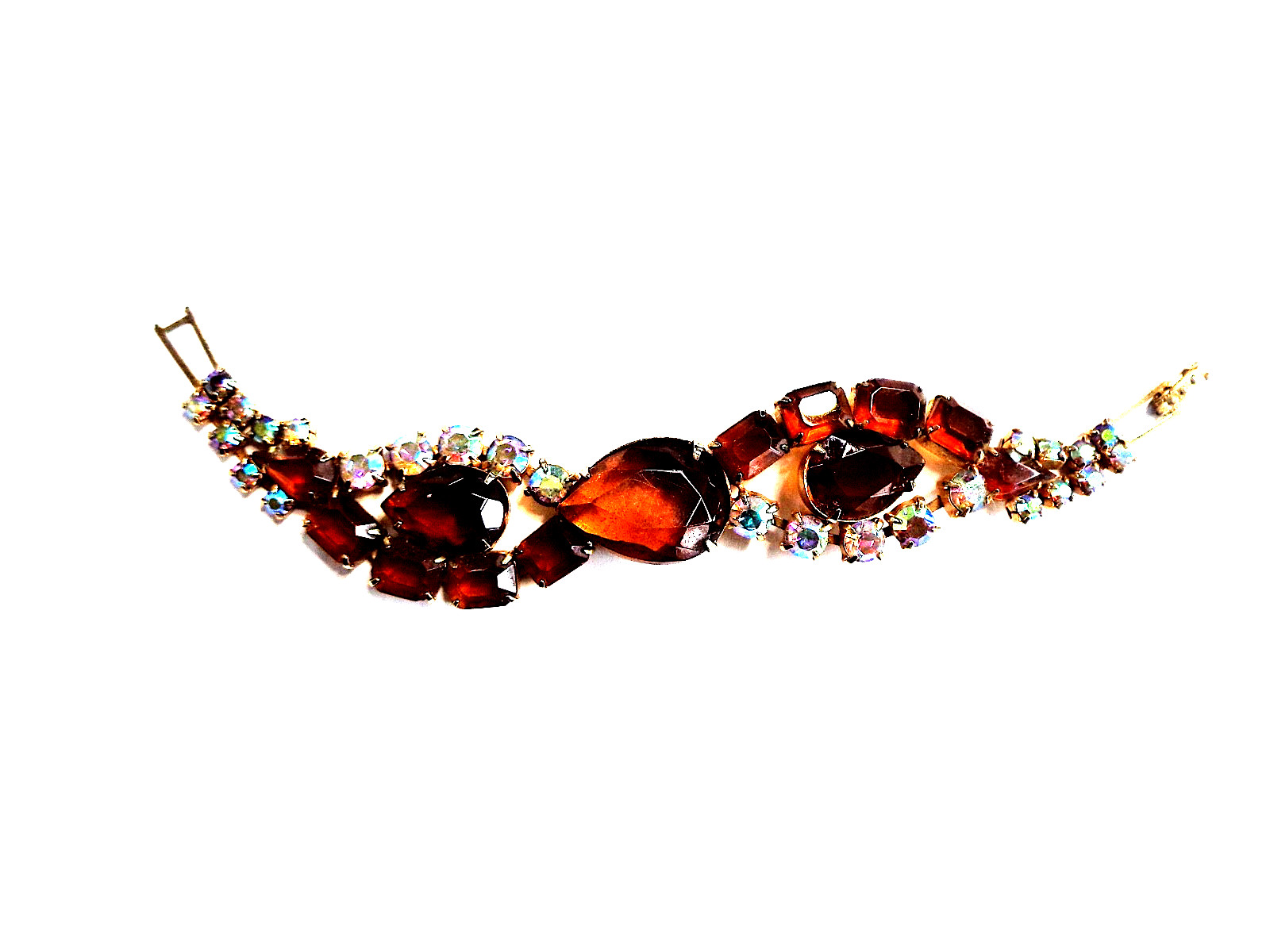 Rare Stunning Vintage Brown & AB Rhinestone Bracelet – Extra Lg Stones Prong Set