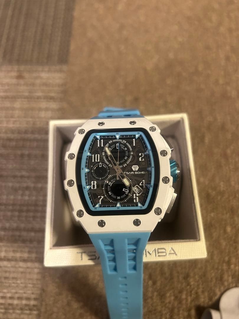TSAR BOMBA Skeleton Qurtz Watch Blue White Luxury Tonneau Mechanical Men