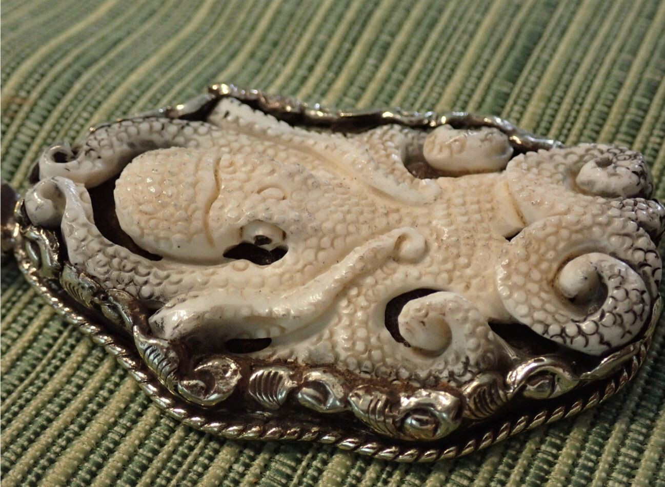 Octopus Squid Carved Pendant in Tibetan Silver Arms curled up approx 2 1/8 “