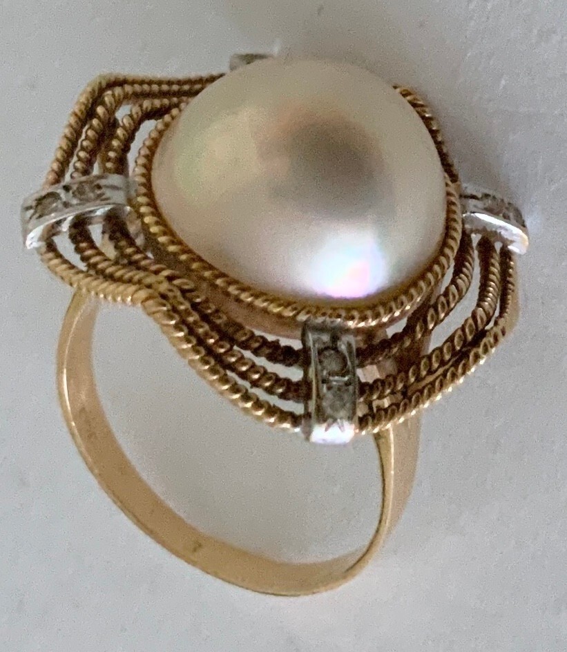 VINTAGE 8 DIAMOND & 12.4MM MABE PEARL 14K GOLD RING
