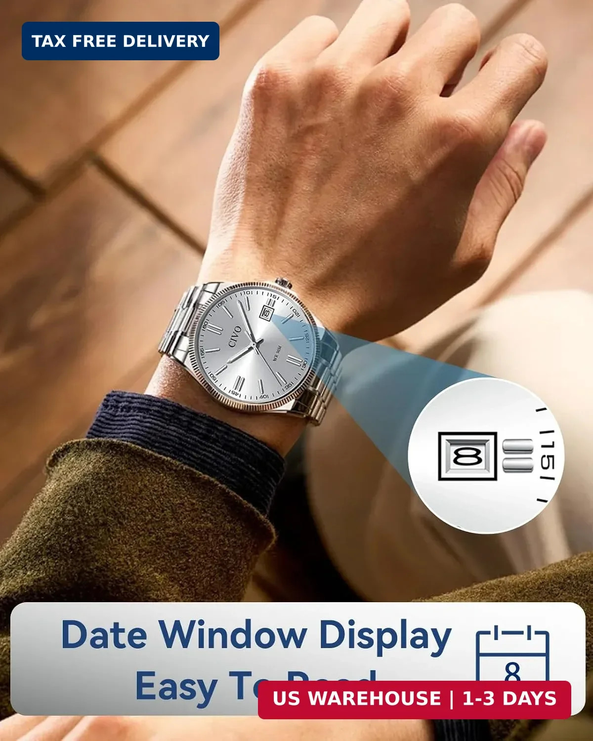 CIVO Analog Mens Watches Silver: Wrist Watches with Date Easy to Read | Dress St