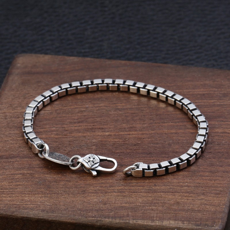 Men’s 925 Sterling Silver Venetian Box Chain Bracelet 4mm Square Link 7.87in