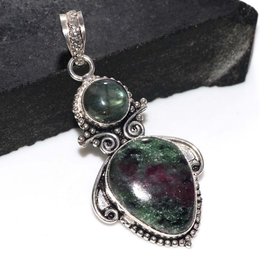 925 Silver Plated Long Ruby In Zoisite Fiery Labradorite Pendant 2.3″ Trendy GW