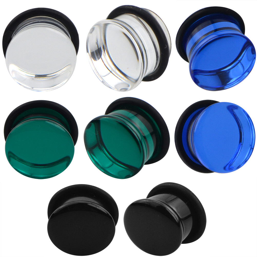 Pair of Single Flare Glass Plugs Sizes 2GA-13/16″ Clear Black Green Blue E566
