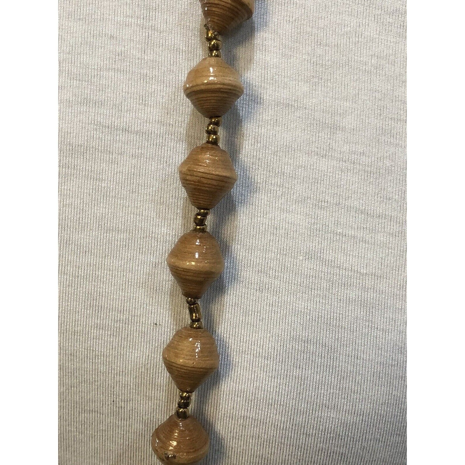 Tan Paper Bead Long Necklace Boho Wood Grain Style Gold Spacers 39 Inch