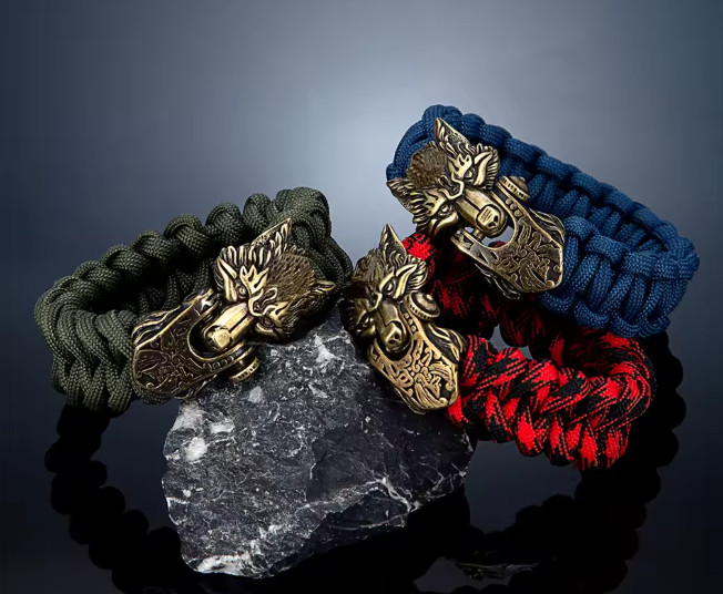 Vintage Viking Wolf Bracelet Men Bronze Stainless Steel Rune Charm Survival Rope