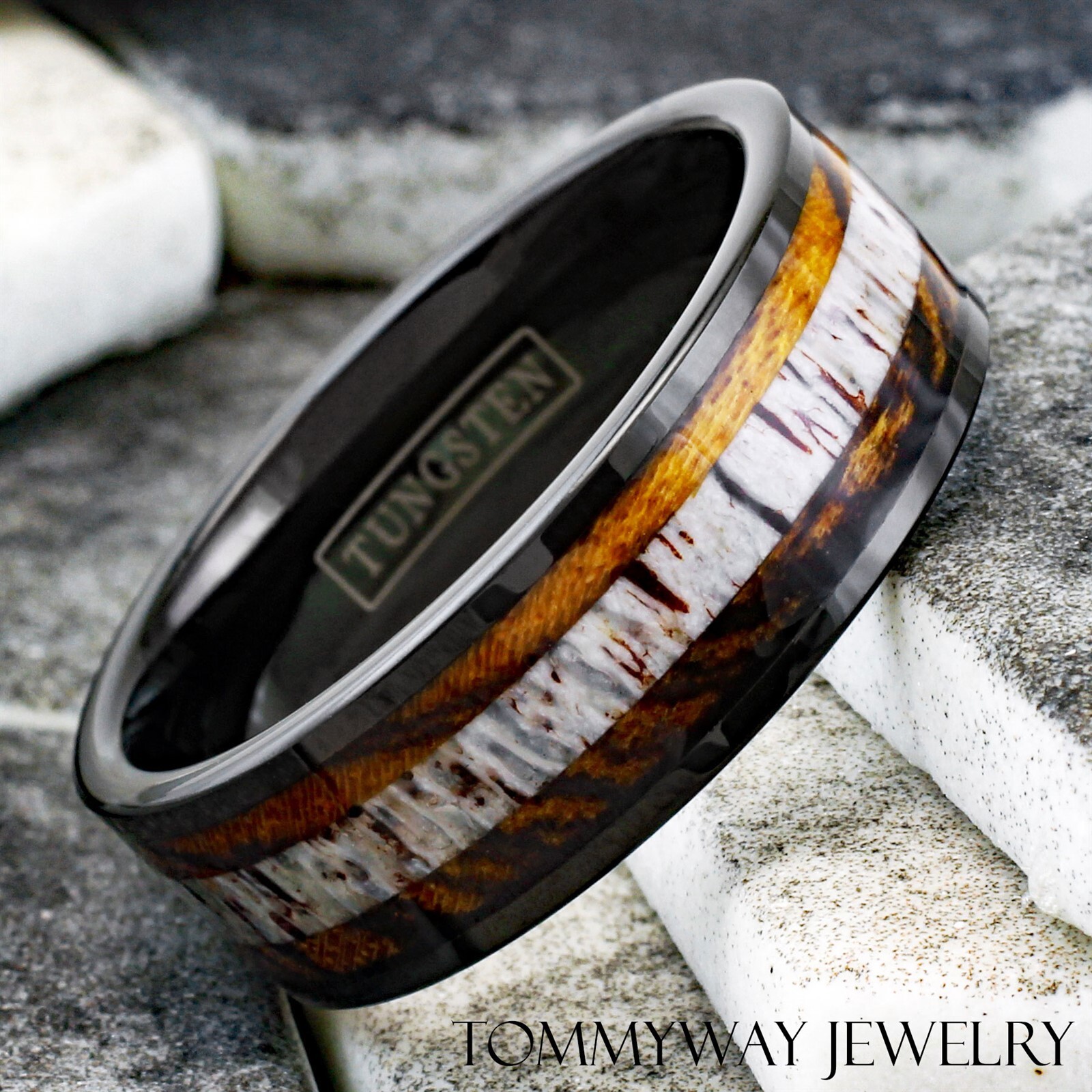 8mm Black Men’s Tungsten Bocote Wood & Deer Antler Wedding Band Ring