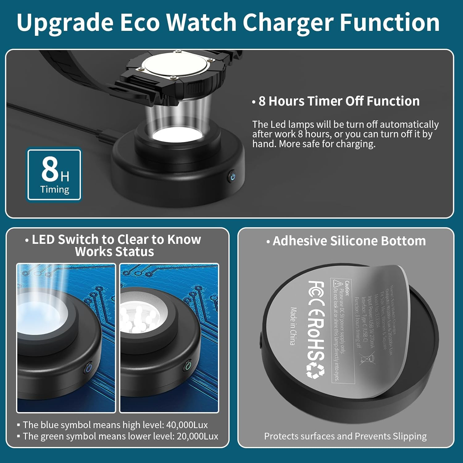 Solar Watch Charger, 8H Timing Off with Men, Women & Square 3 Caps, LED UV Light
