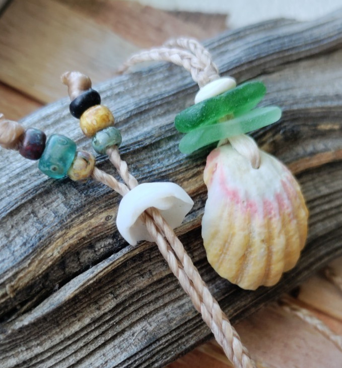 Sunrise Shell & Sea Glass Necklace Braid Beach Aloha Gift Puka Pecten Langfordi