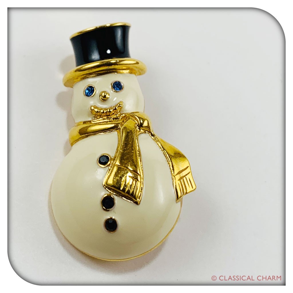 Monet Frosty Snowman Pin Brooch Enamel Gold Tone black And Blue Stones Top Hat