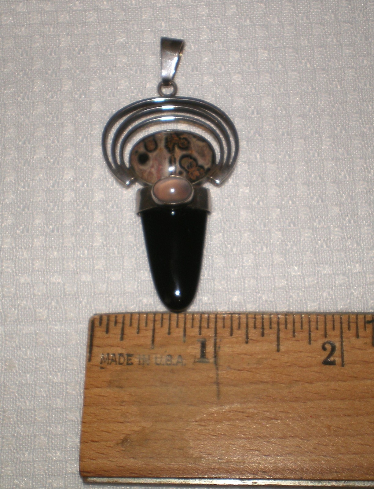 Vintage 925 Sterling Silver Jasper, Rose Quartz & Onyx Pendant 13.0 gram ~ 2.25″