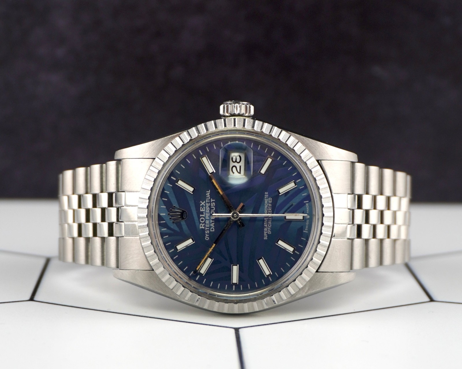 Rolex 36mm Datejust Steel Engine-Turned Dark Blue Palm Motif Dial Watch 16030