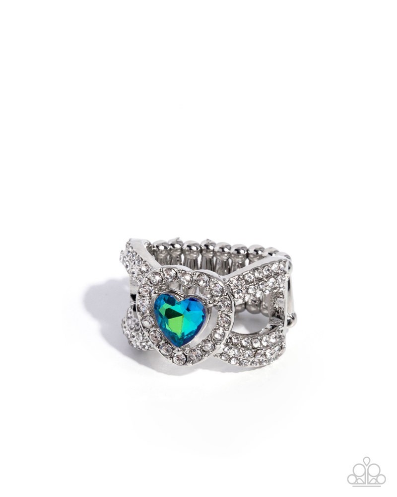 Paparazzi Lovely Levels -Green – Rhinestones – UV Gem – Silver Crisscross ring