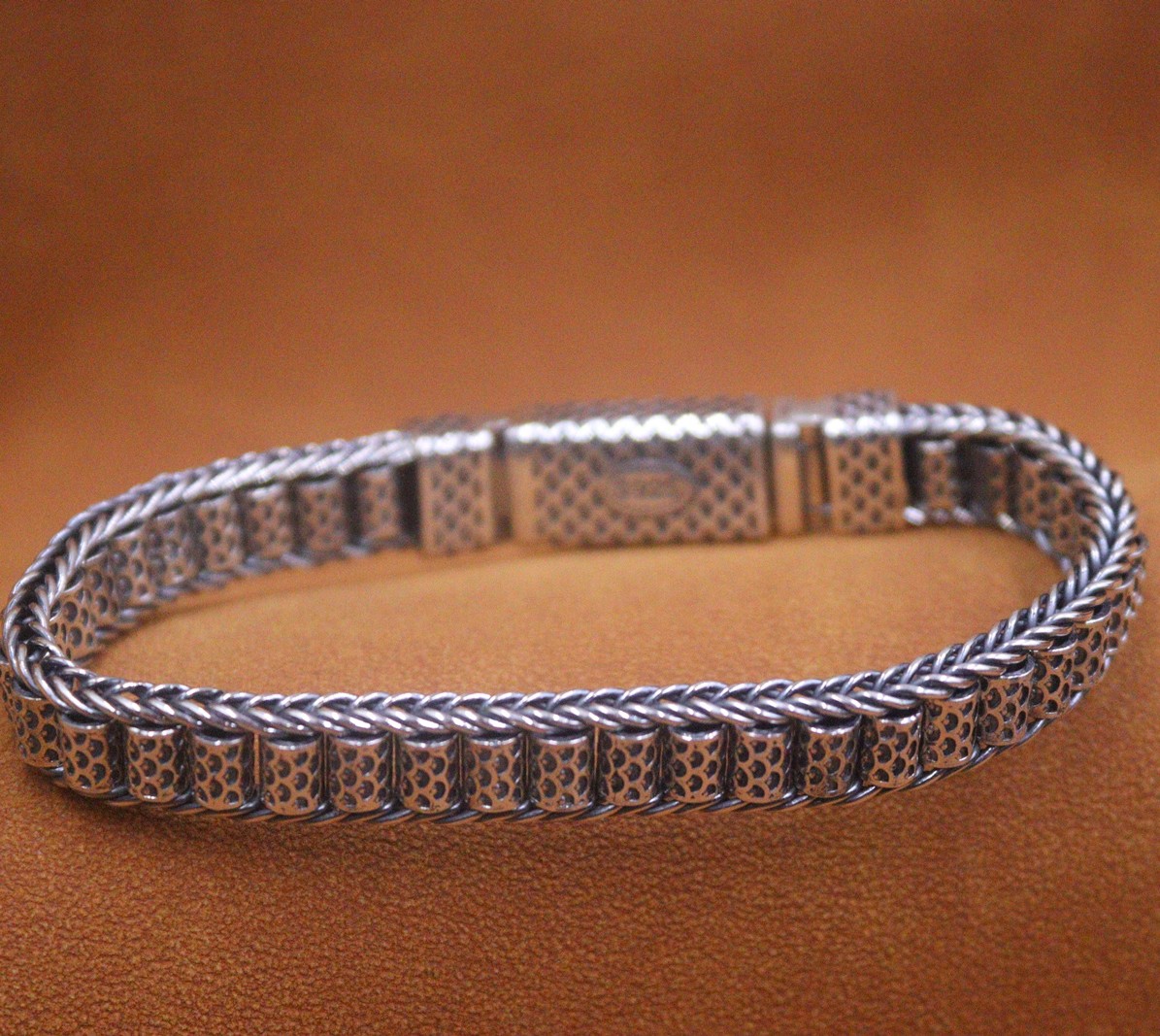 Real 925 Sterling Silver Bracelet Men 9mm Vintage Long Tube Beaded Link 7.5inch
