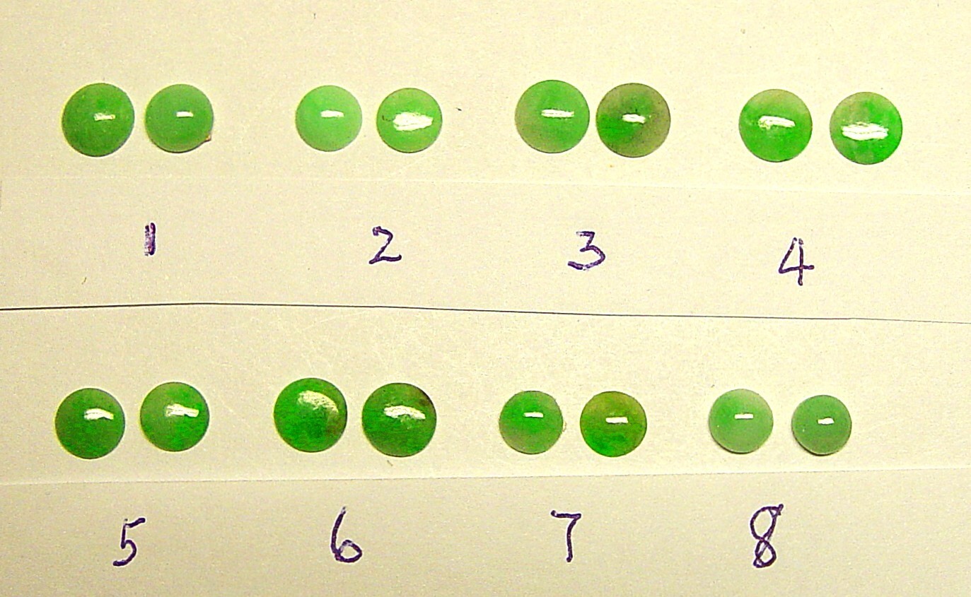 Jade round cabochons green color approximately 6 mm 8 pairs of similar grades