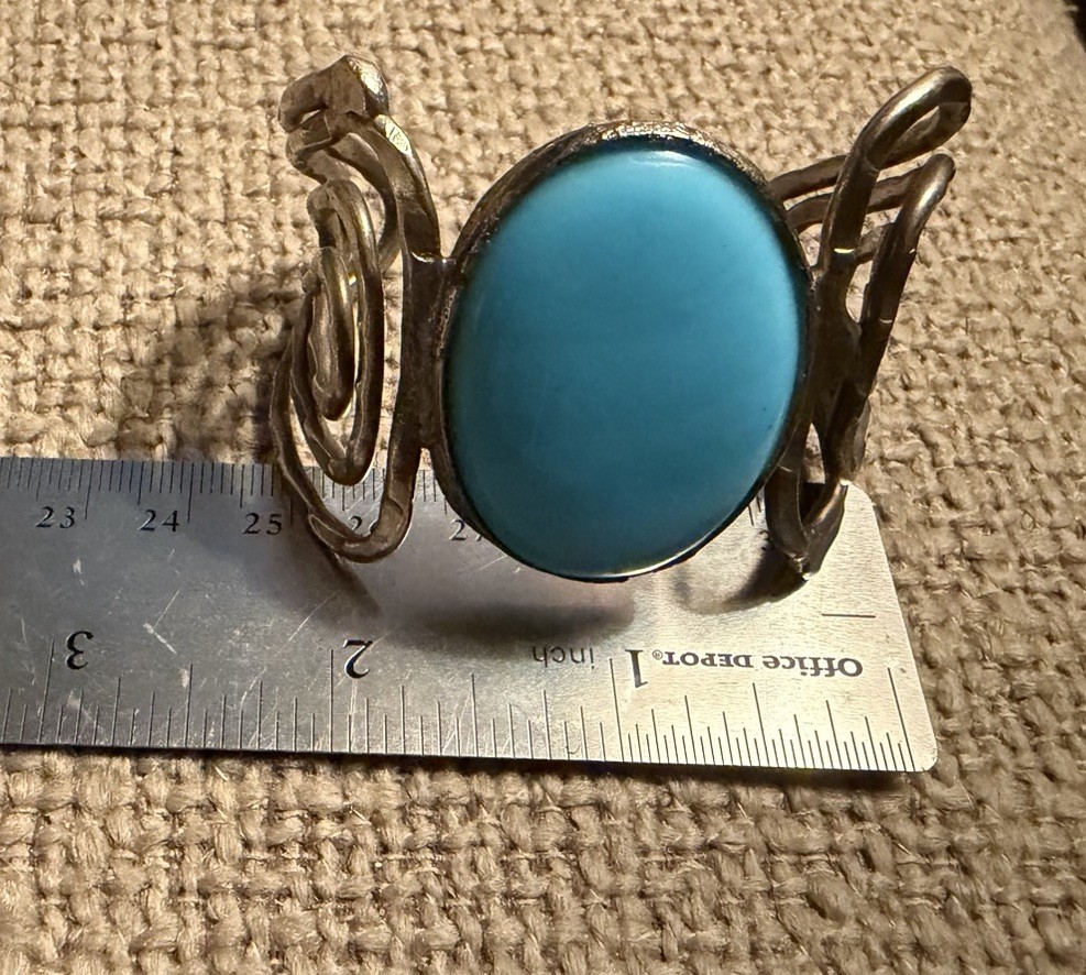 Handcrafted Silver Tone Openwork Oval Blue Cabochon Stone Cuff Bracelet