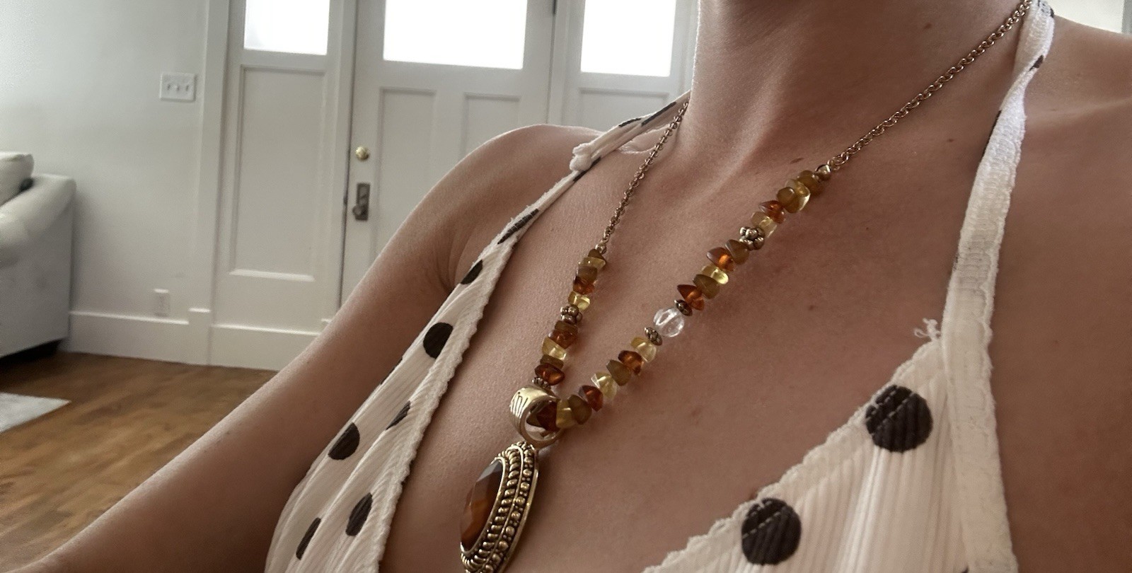 Gold Tone Beaded Ball Chain Necklace with Oval Brown Pendant Charm