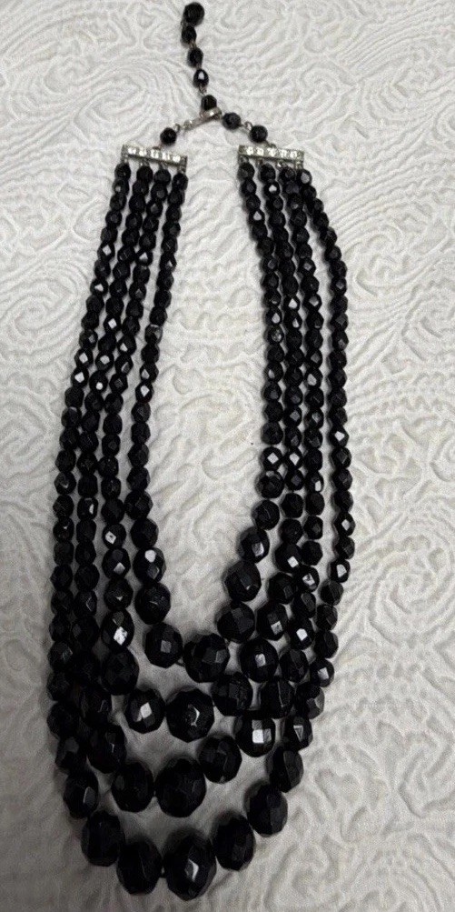 Vintage Laguna 4-Layers Czech Black Glass Faceted Beads Waterfall Necklace