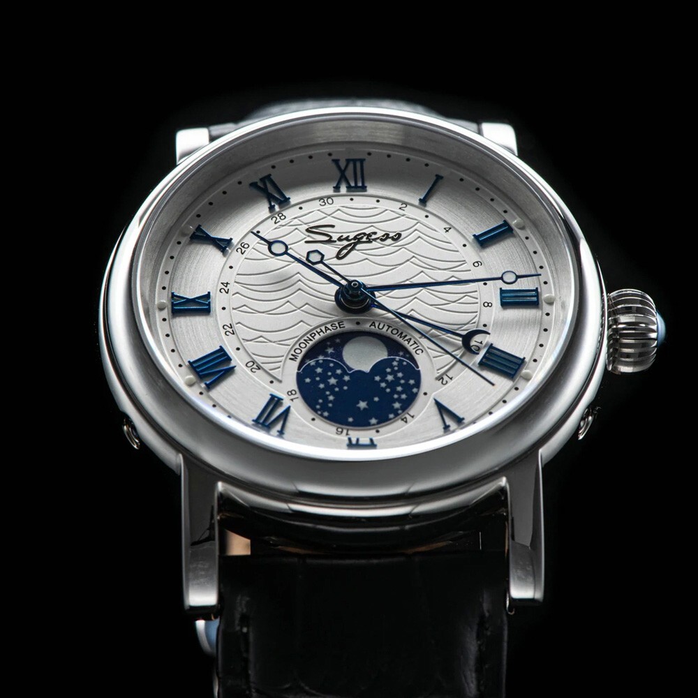 Sugess Moonphase Mechanical Steel Leather Black White Sapphire Men’s Watch