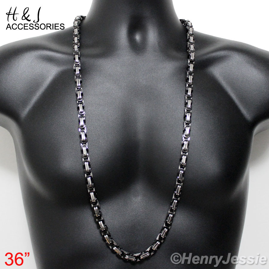 18-40″Stainless Steel 9mm Silver/Black Plated Byzantine Box Chain Necklace*NS