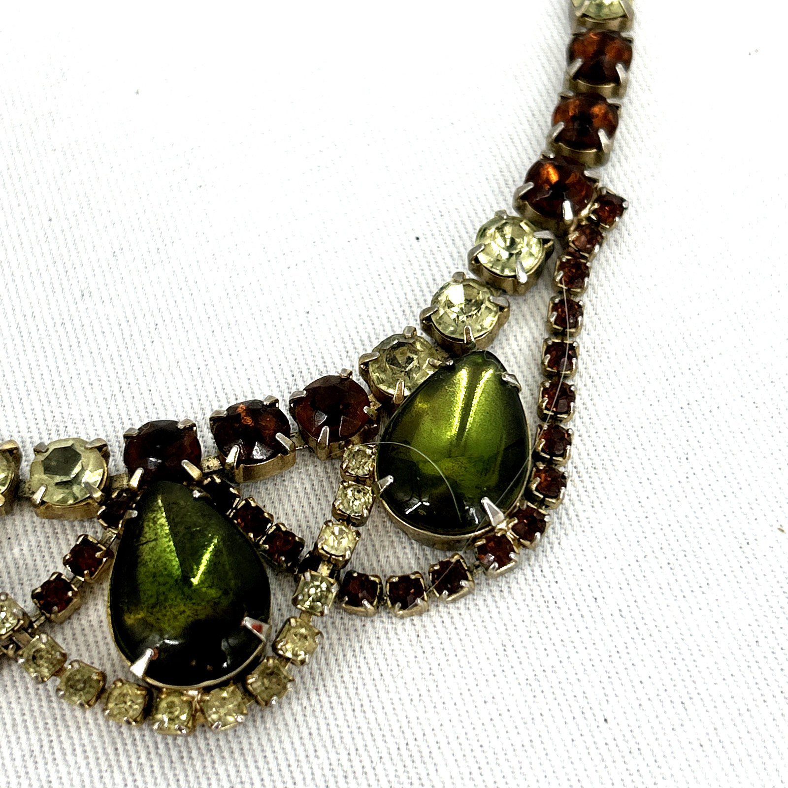 Statement Necklace Rhinestone Jelly Belly Glass Stones Green Brown Clear Unsigne