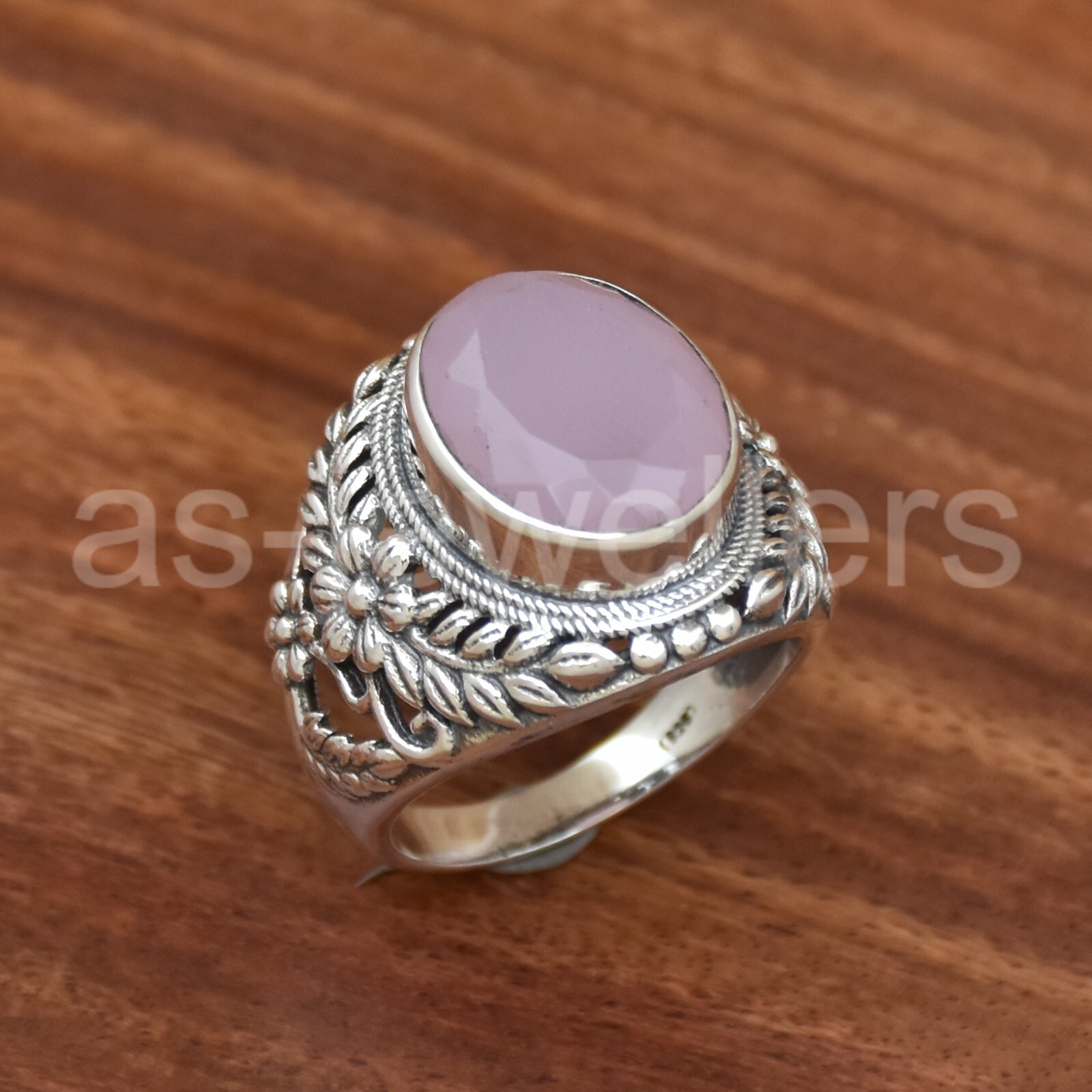 Oval Shape Rose Quartz Ring, 925 Sterling Silver, Flower Print Ring, Dainty Ring