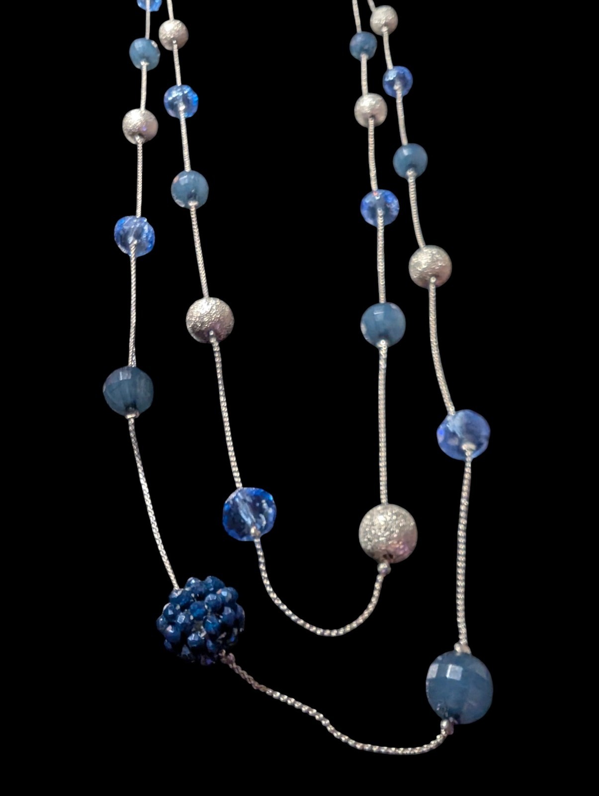 Silver Tone Double Strand Blue Crystal Beaded Necklace Stardust Ball Cluster…