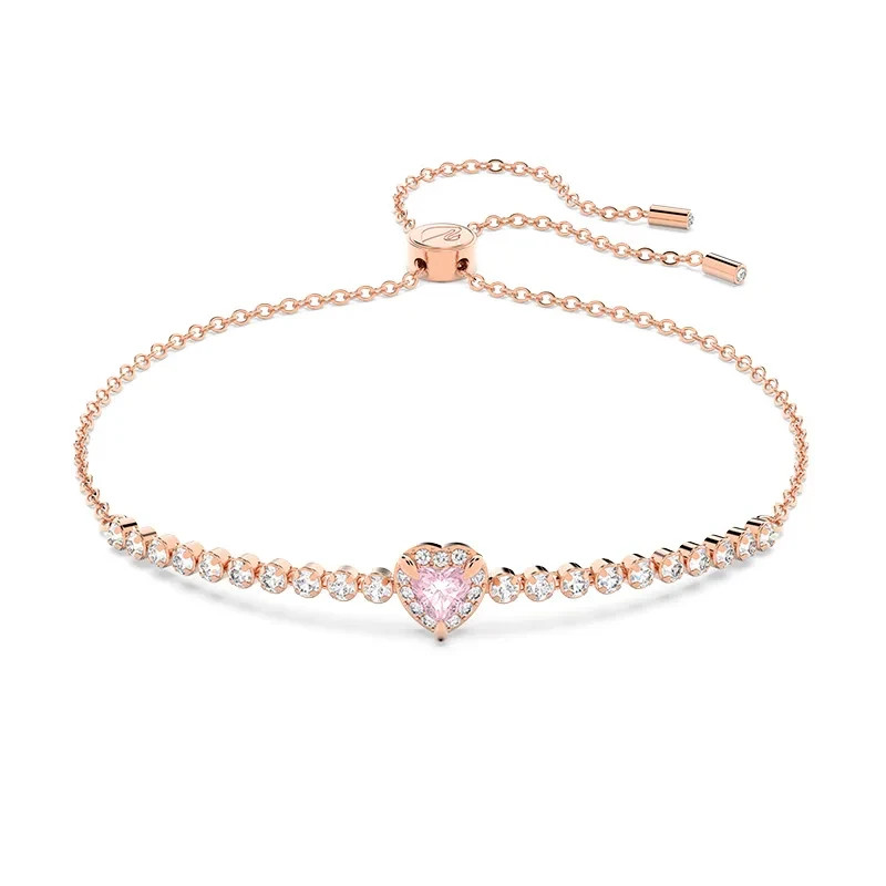 Women’s One Heart Bracelet, Rose Gold Plated, Pink Crystal
