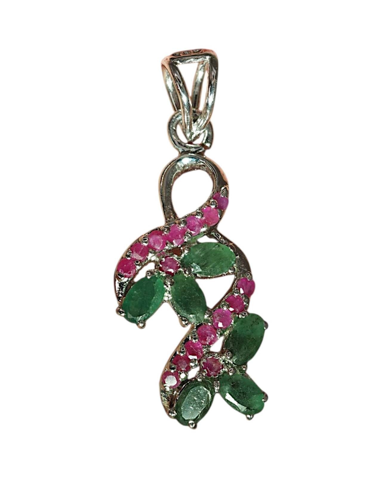 Sterling Silver Green & Red Gemstone Floral Vine Pendant