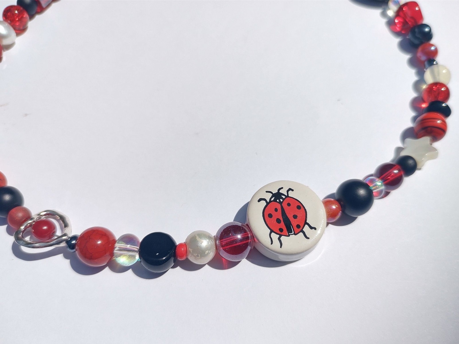 Red and Black Ladybug Ceramic and Glass Bead Handmade Necklace