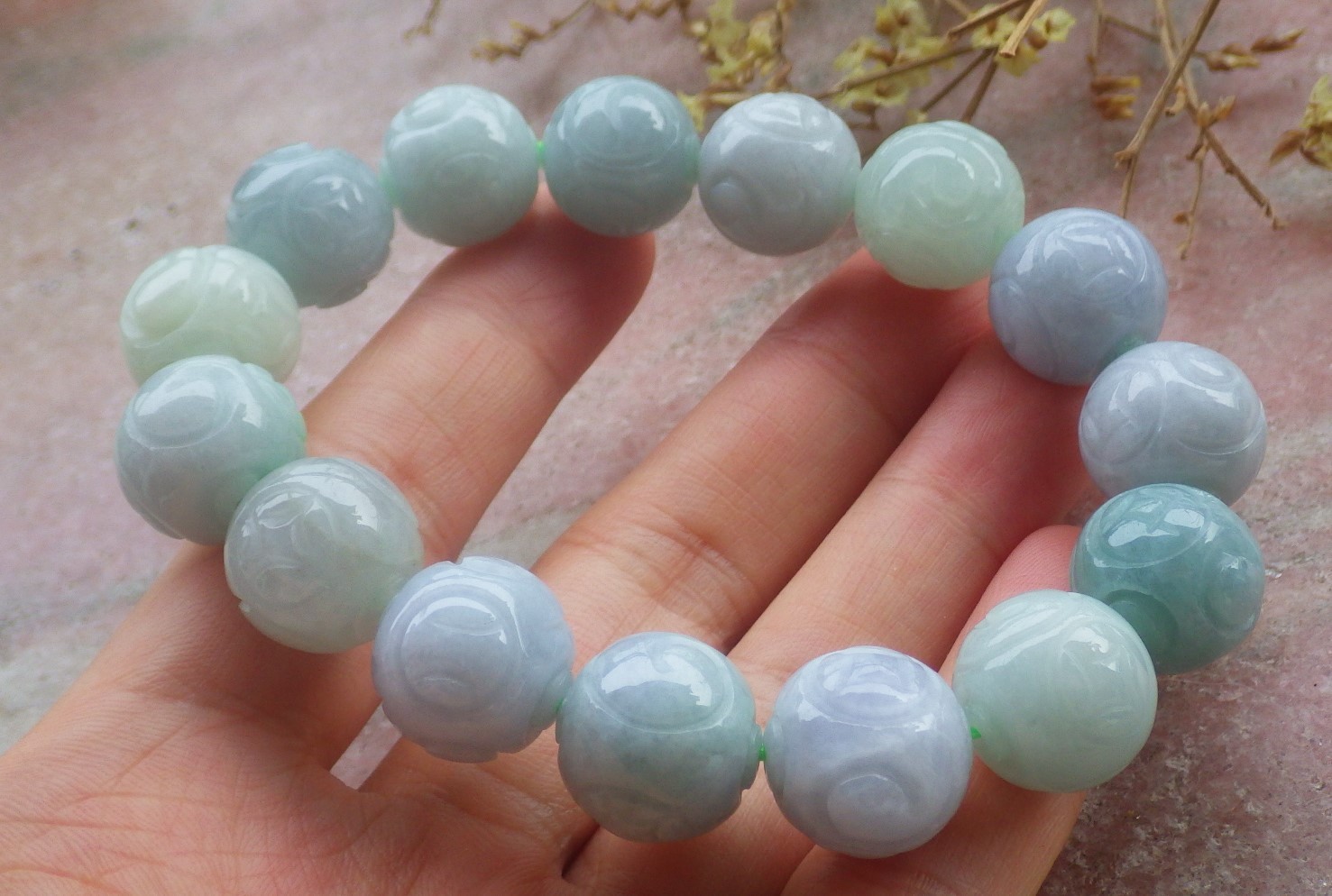 1 pcs Burma A Green jade jadeite bead Ruyi Flower bracelet Bangle 14mm 131109