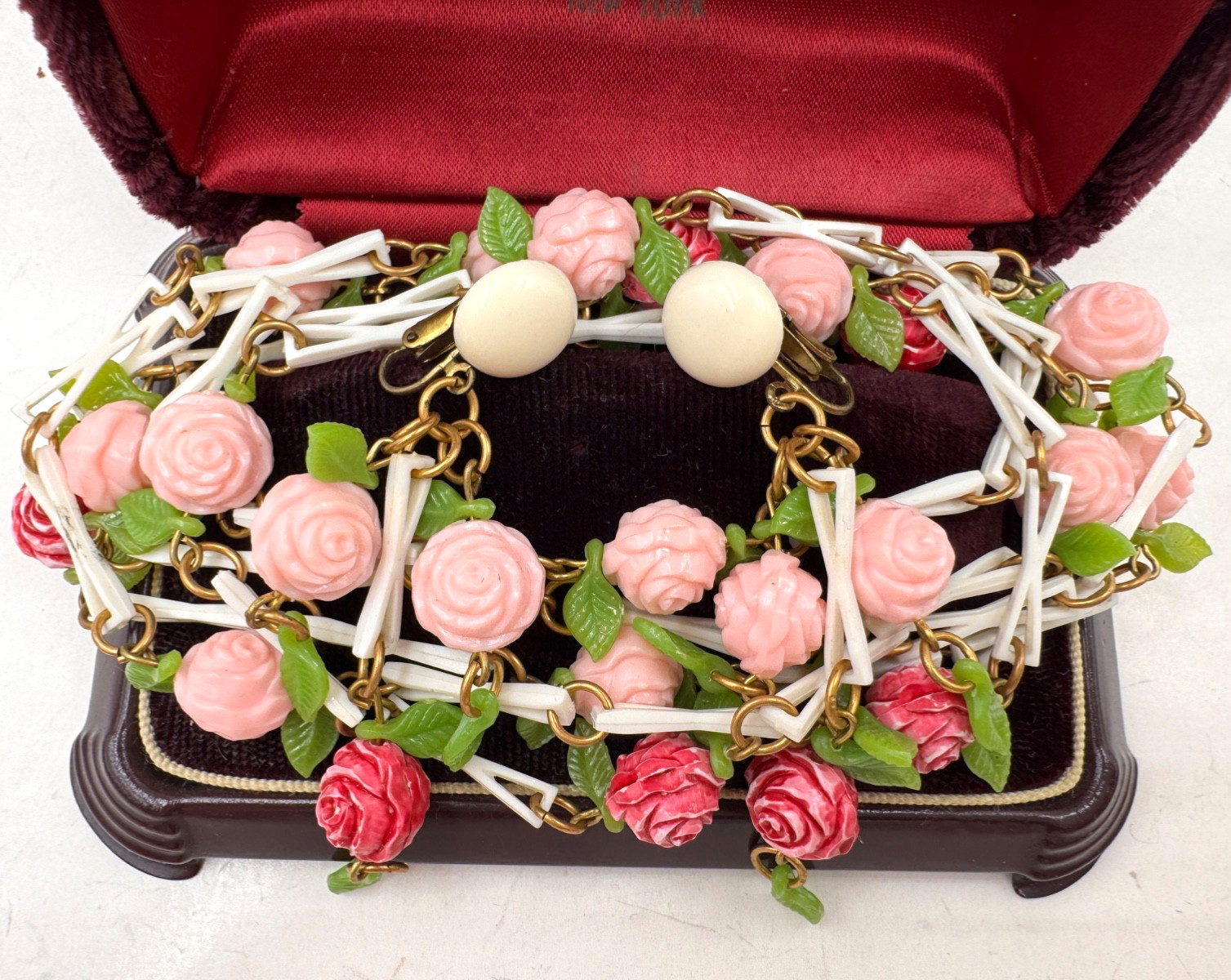 GERMANY SIGNED PRE-WWII SET CLIP EARRINGS EXTRA LONG SAUTOIR NECKLACE 45″ ROSES